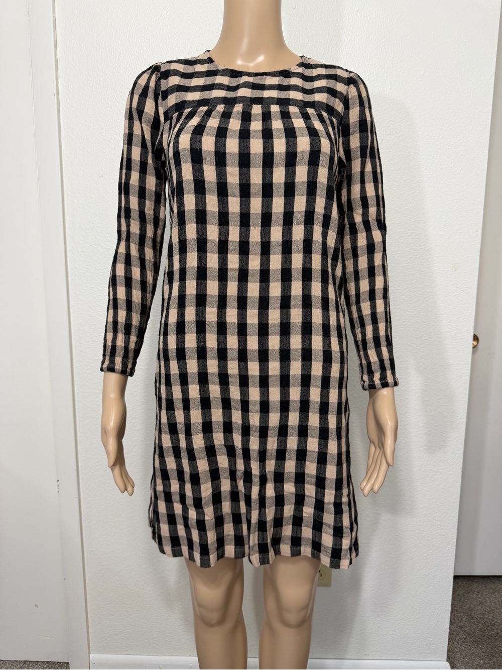 LOFT Black and Tan Gingham Long-Sleeve Shift Dress Size XS